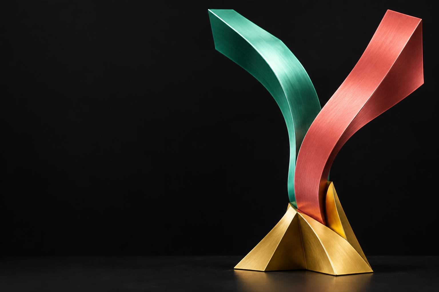 Electric mint and coral sculptural pathways branching towards two different possibilities